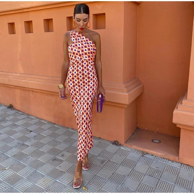 Women's One Shoulder Sleeveless High Waist Maxi Dress Floral Print Backless Maxi Dress
