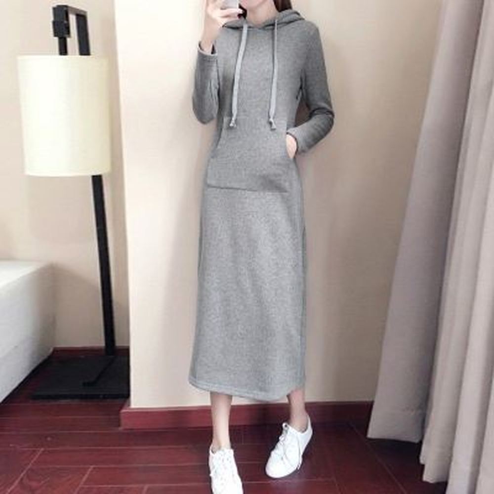 Women Autumn Winter Dress Fashion O-Neck Hoodie Long Sleeve Pure Color Loose Casual Ladies Dress