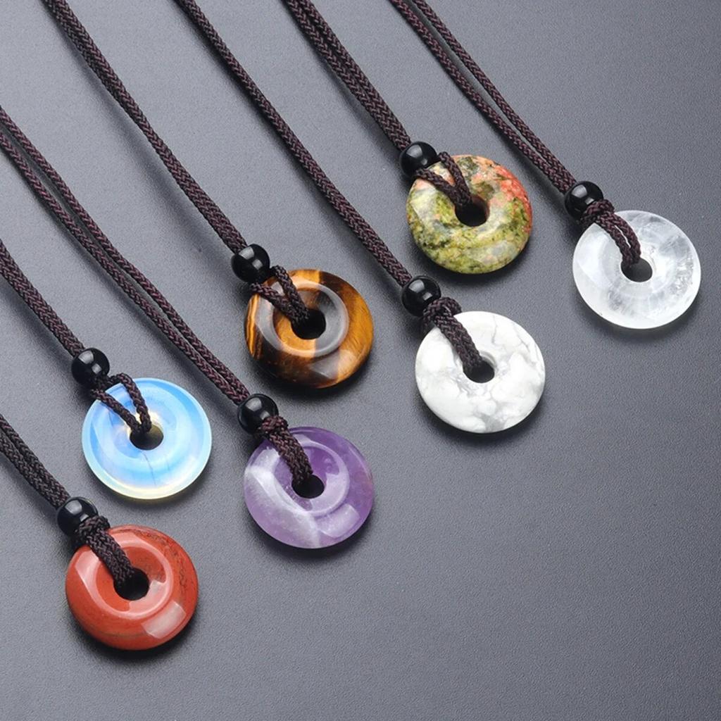 Peace Buckle Necklace Natural Stone Crystal Agates Doughnut Pendant For Girls Women Birthday Gift Chain 32CM