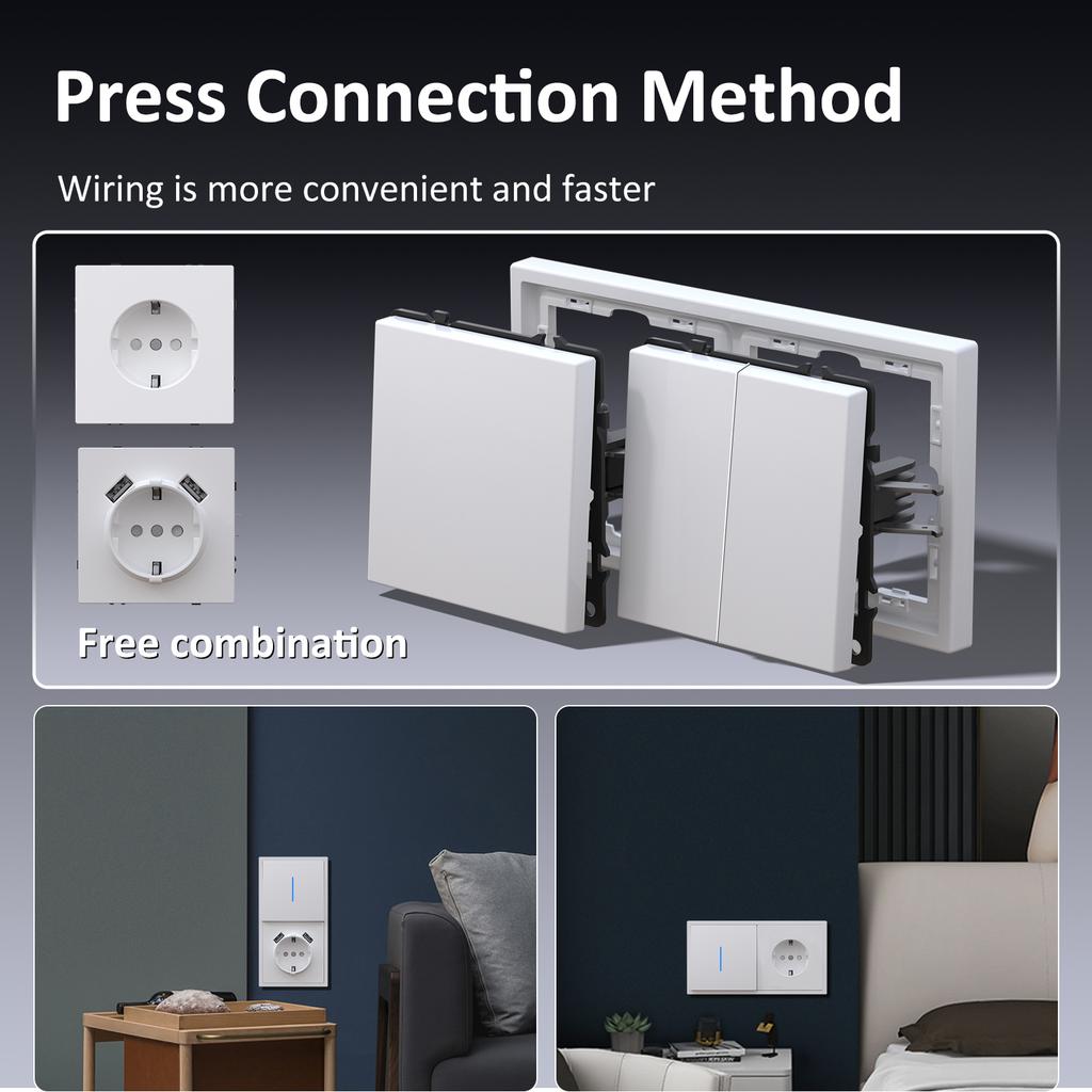 BSEED EU Large Button Wall Switches 1/2Gang 1Way Wall Power Sockets Dual USB Phone Charge Port 5V White Home E-Series