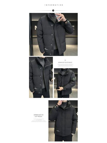 Men's Fashionable Stand Collar Down Jacket - 50% White Duck Down, Available In Black and Khaki