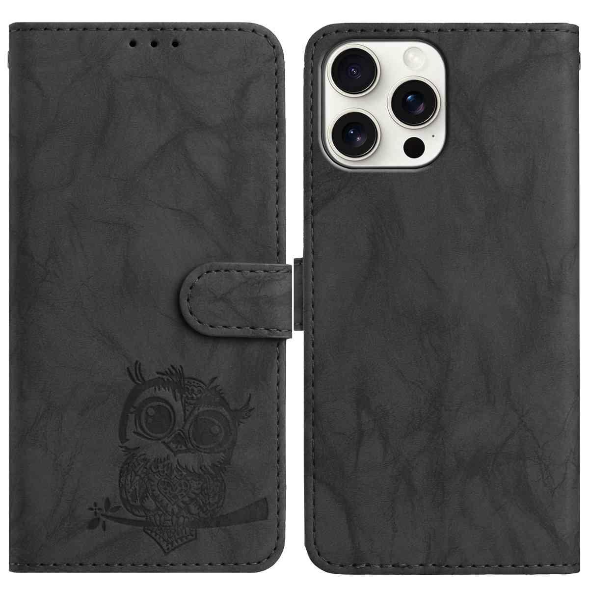 

For iPhone 16 Pro Max Case Owl Imprinted PU Leather Wallet Phone Cover with Wrist Strap G