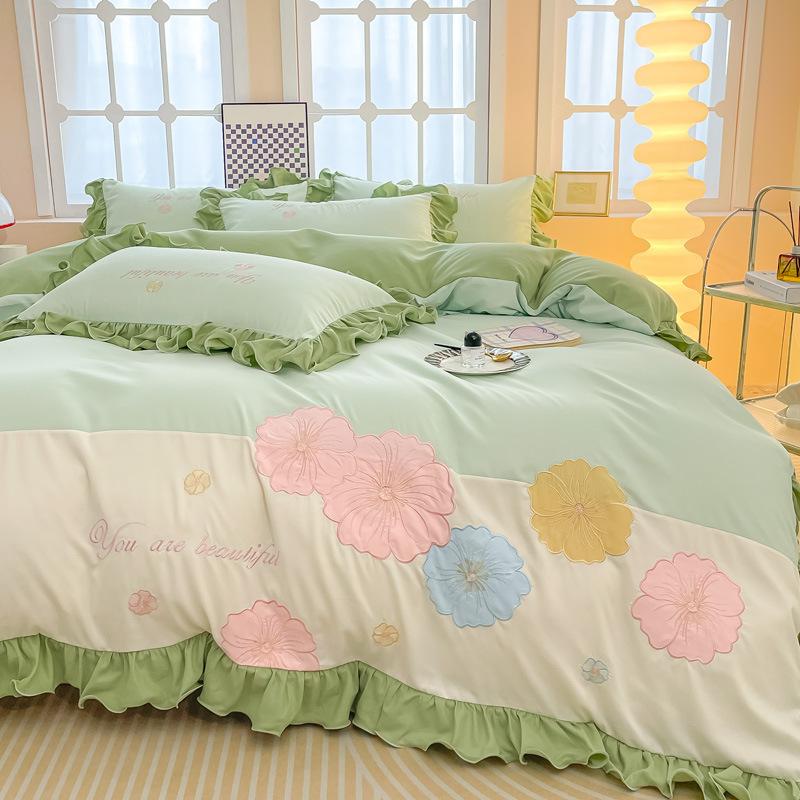 Lace Princess Wind Four-piece Set Washed Cotton Bed Sheet Quilt Cover Embroidered Small Fresh Bedding