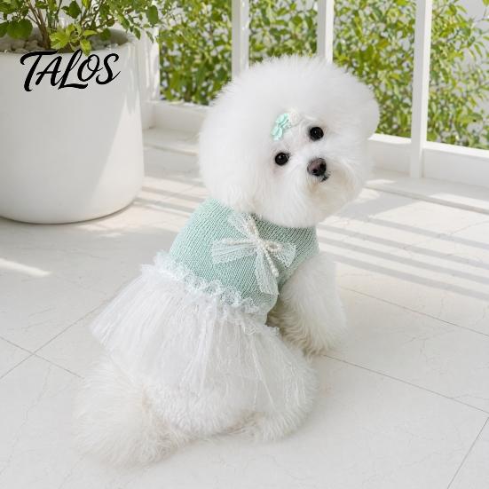 Lace Pet Dress Knitted Sleeveless Dog Dress, White Tutu Puppy Princess Cute Girl Ruffled with Faux Pearl Bow, Summer Female for Small Dogs Clothing