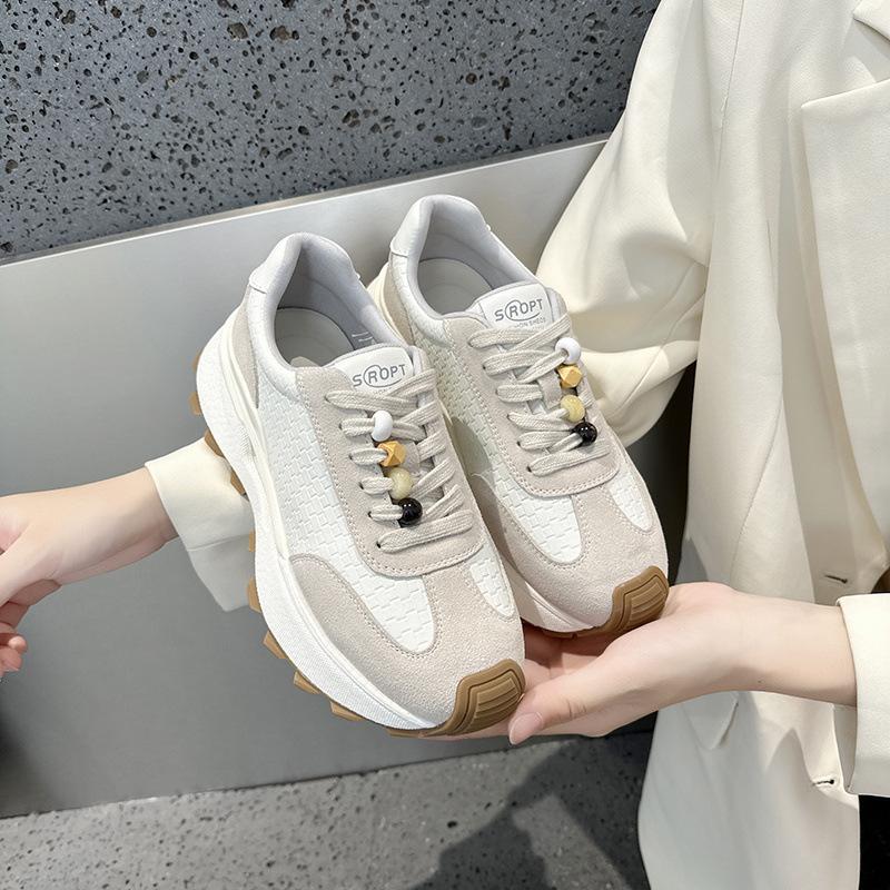 Autumn new leather round head thick sole heightening versatile sports shoes women's light casual shoes