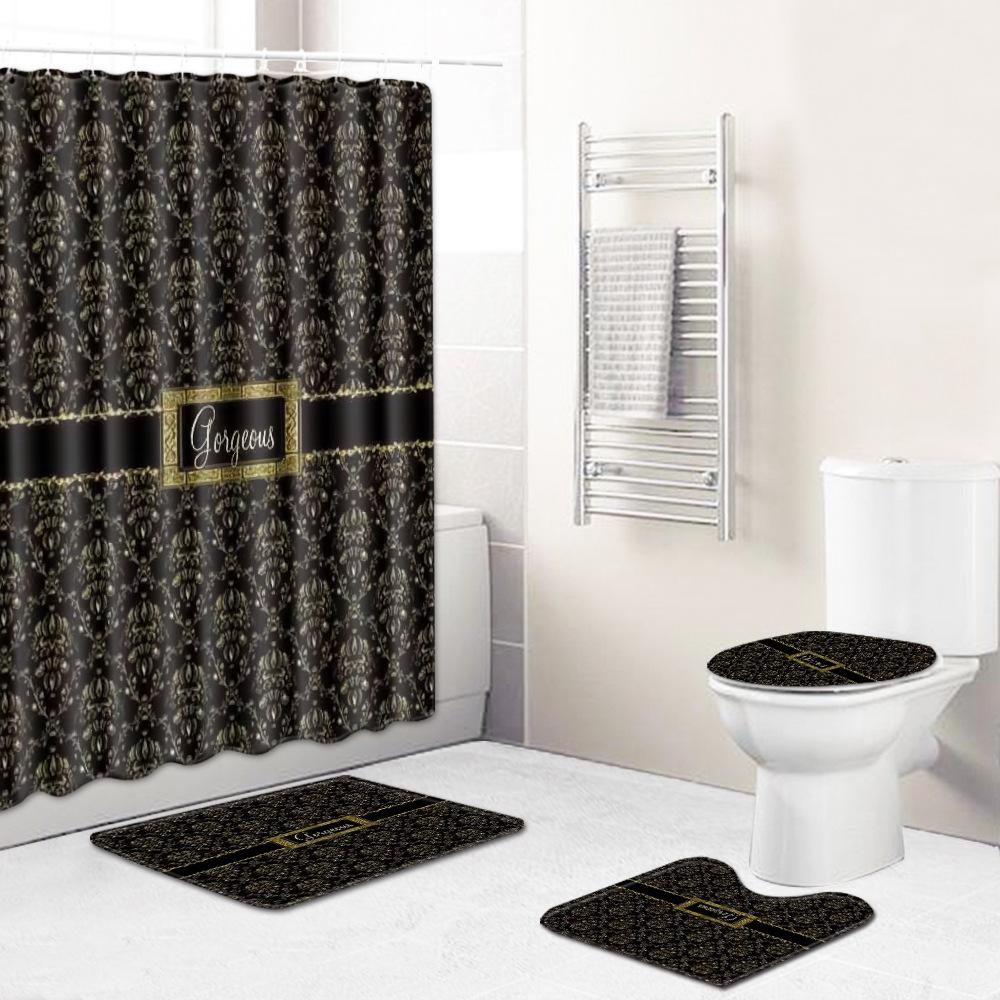 Ethnic Style Texture Printing Bathroom Non-Slip Floor Mat Shower Curtain Combination Carpet European And American Style