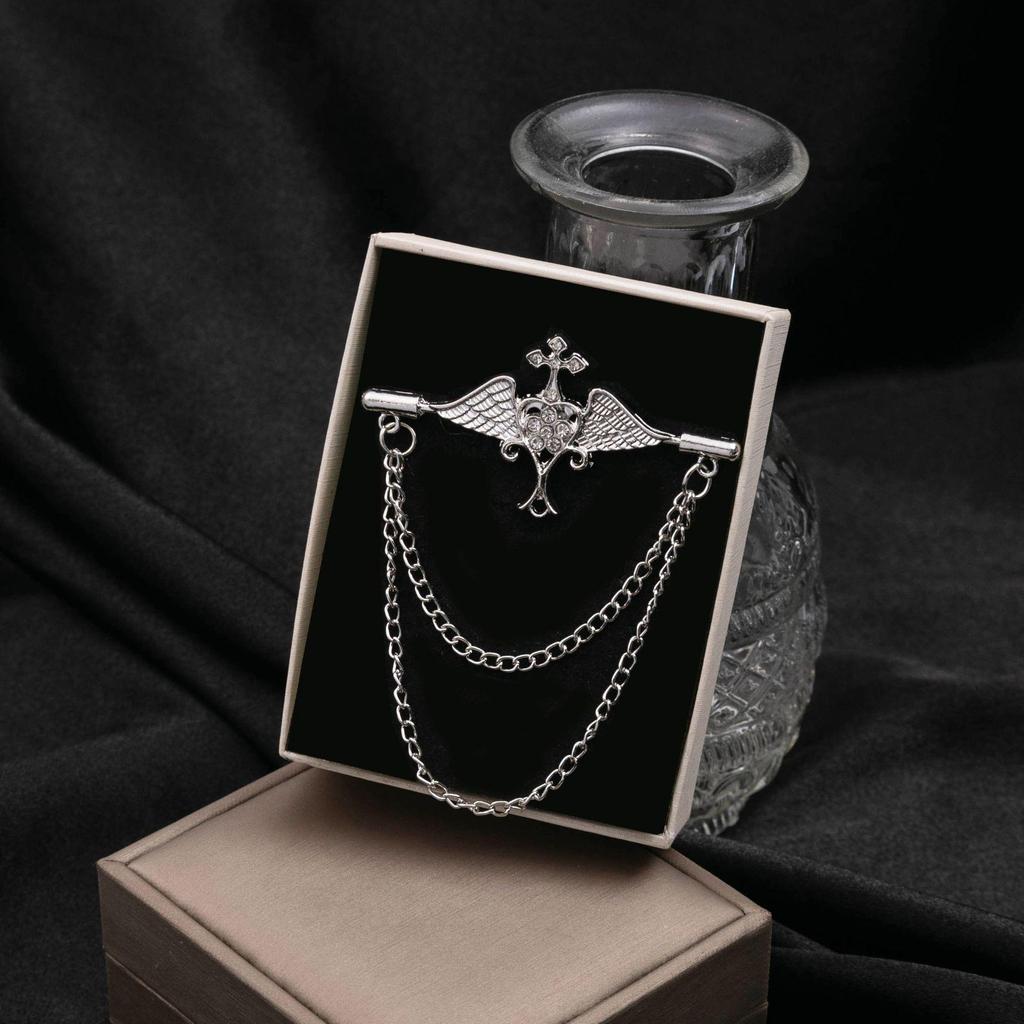 European & American Fashion Double Layer Chain Brooch - British Court Style Cross & Note Design for Men