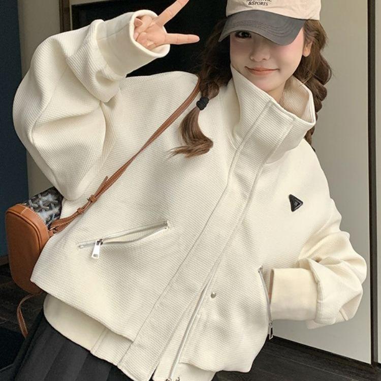 Plus Size Women's College Style Stand-Up Collar Autumn Jacket - Loose Fit, Niche Design