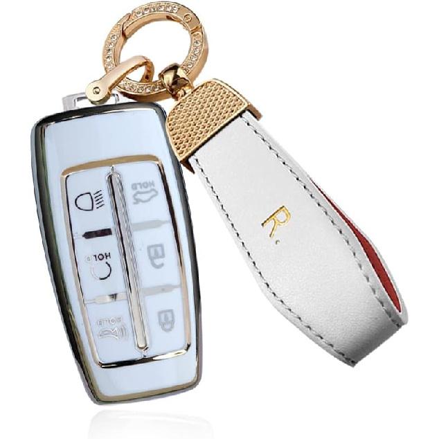SANRILY Goldrand 6-Tasten Schlüsselanhänger Hülle für Genesis GV70 2021 2022 G90 G70 G80 GV80 Keyless Vollschutz Schlüsselanhänger Hülle mit Leder Schlüsselanhänger