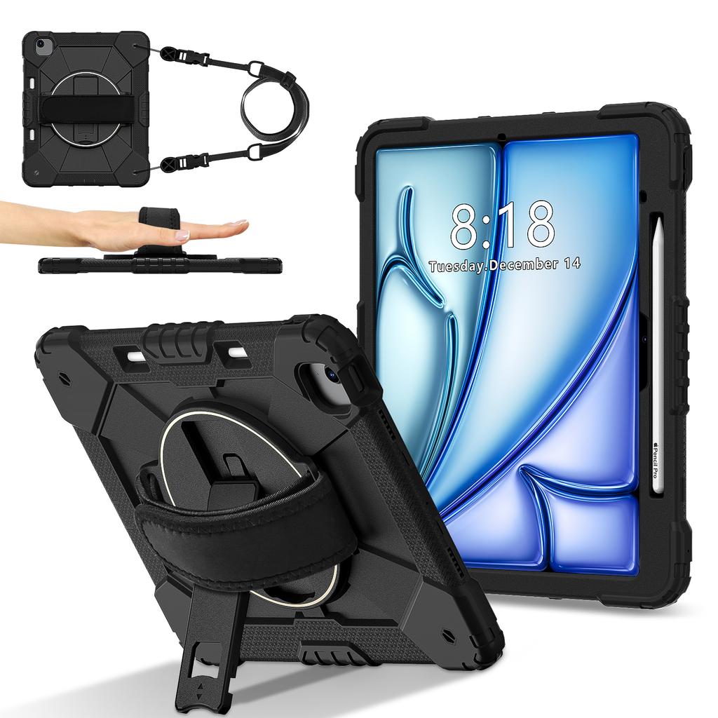For iPad Air 13 (2025)/(2024) Case Silicone + PC Kickstand Tablet Cover with Handy Strap, Shoulder Strap