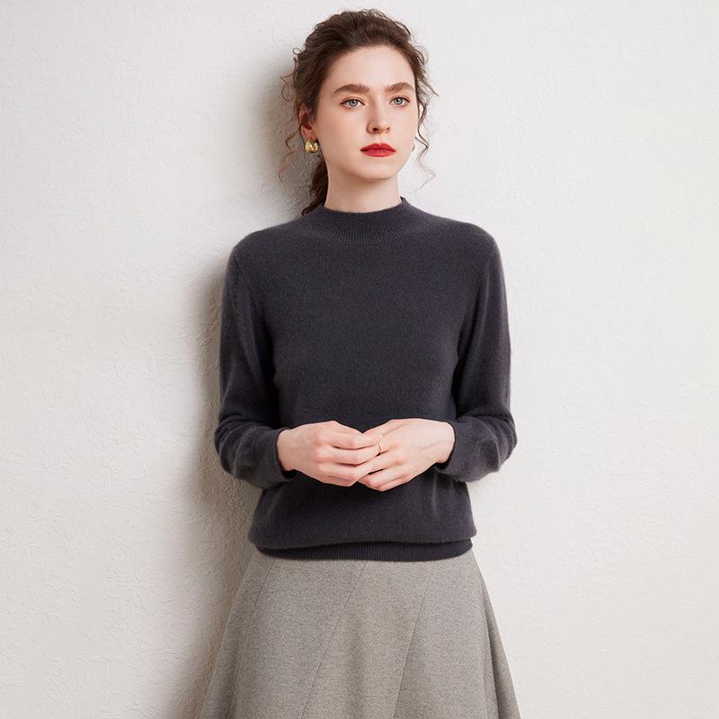 Women's 100% Cashmere Half-High Collar Slim Fit Pullover Sweater - Long Sleeve, Solid Color, Versatile Base Layer, Warm Knit.