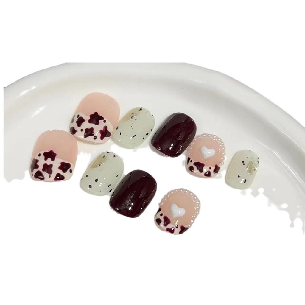 Wearing Armor Pure Handmade Manicure Finished Fake Nail Patches Ins Cute Pearl Love Cream Short Nail