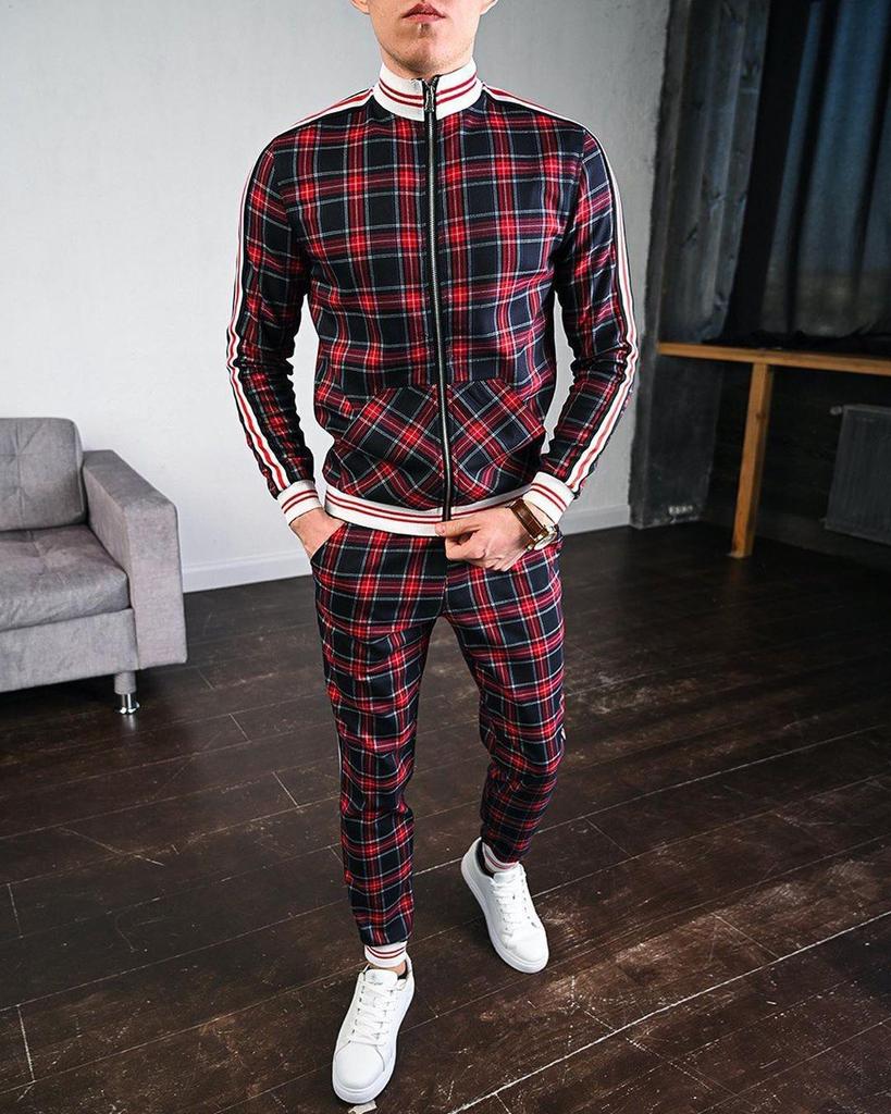 Autumn Men's Casual Plaid Sport Suit: Zip-Up Jacket & Long Pants Two-Piece Set