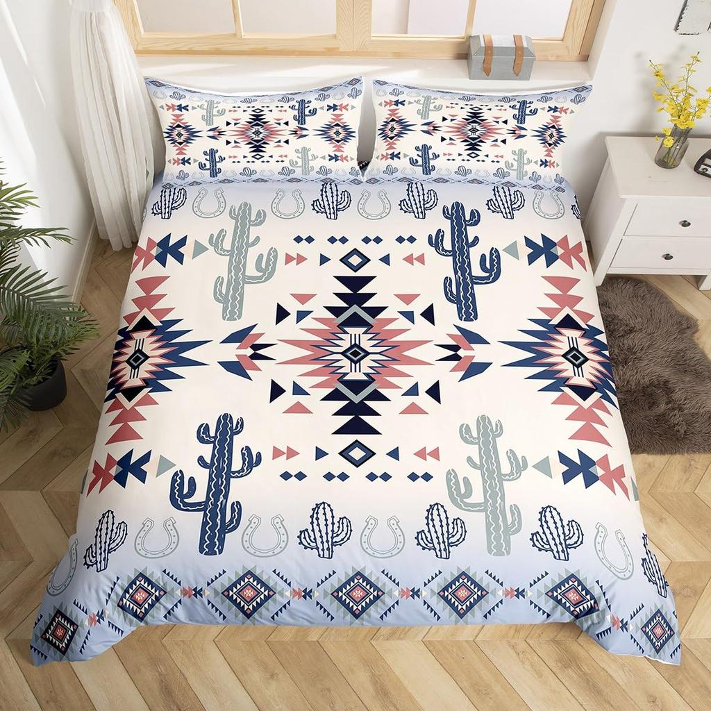 Geometric Aztec Duvet Cover Twin Queen Size,Horseshoe Cactus Western Cowboy Bedding Set,Southwest Rustic Farmhouse Quilt Cover
