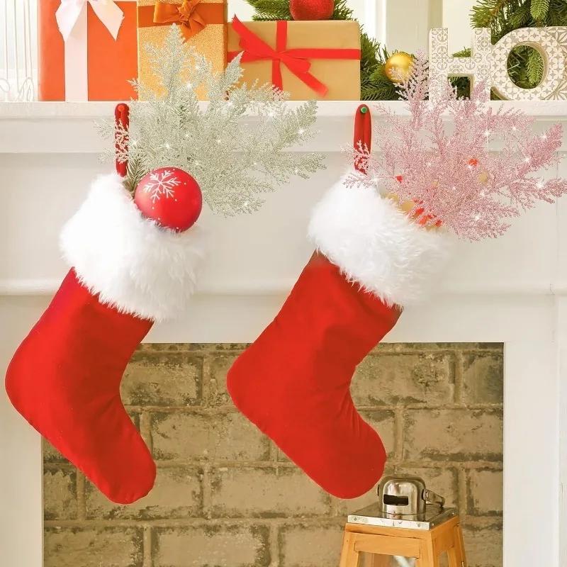 10/5PCS Christmas Glitter Artificial Pine Branches Xmas Tree Hanging Ornament Leaves Fake Plants Flower New Year Home Decoration