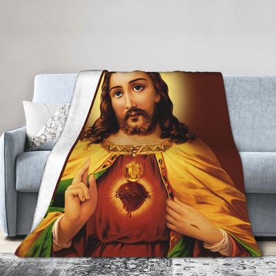 Jesucristo Sagrado Corazón Funda de Manta Cristiano Dios Bendiga Manta de Franela Decoración de Cama Ultra Suave Cálida Colcha