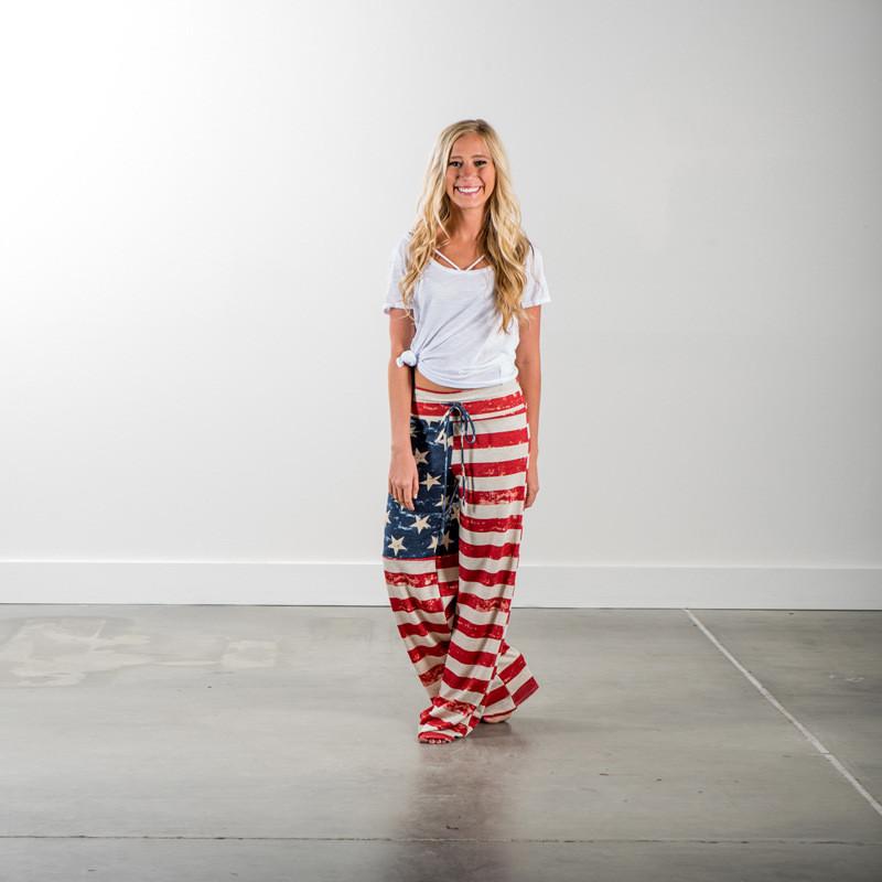 Womens High Waist Casual American Flag Print Drawstring Loose Wide Leg Pants For Summer