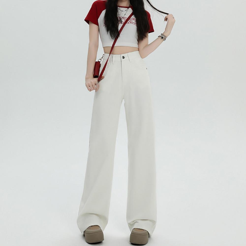 

Spring and autumn new high-waisted Korean version of thin jeans women s versatile casual simple wide-leg mopping denim 2XL белый
