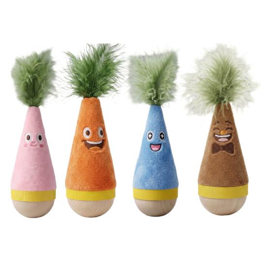 Pet Stimulation Toy for Indoor Play Wooden Wobble Cat Toy, Self-Righting Tumbler with Feather Cats, Interactive Plush Hunting Cats Punching Bag Stable