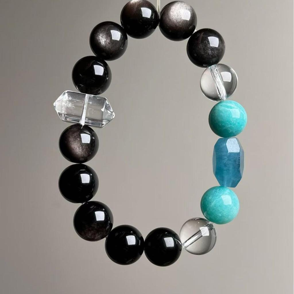 Silver Obsidian & Aquamarine Crystal Unisex Qi Focus Bestseller