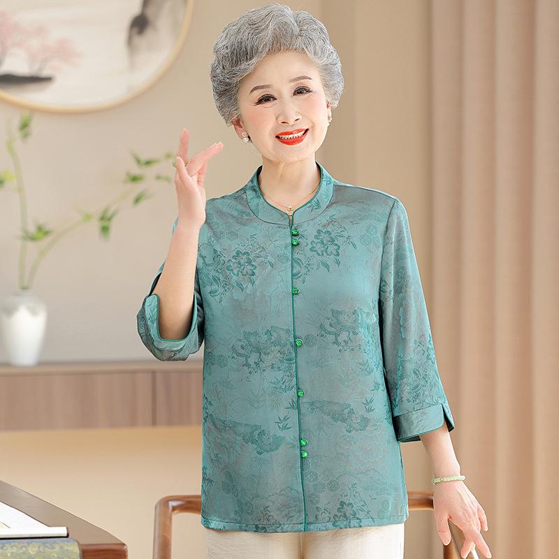 

Grandma s New Style Mulberry Silk Shirt for Middle-Aged & Elderly - Seven-Sleeve, Lightweight Top L (Recommended for 40-50 kg) зелений