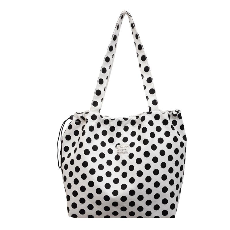 Polka Dot Canvas Tote Bag With Drawstring Closure Large Capacity Shoulder Bag Casual Shopping Bag Women Daily Commute Handbag