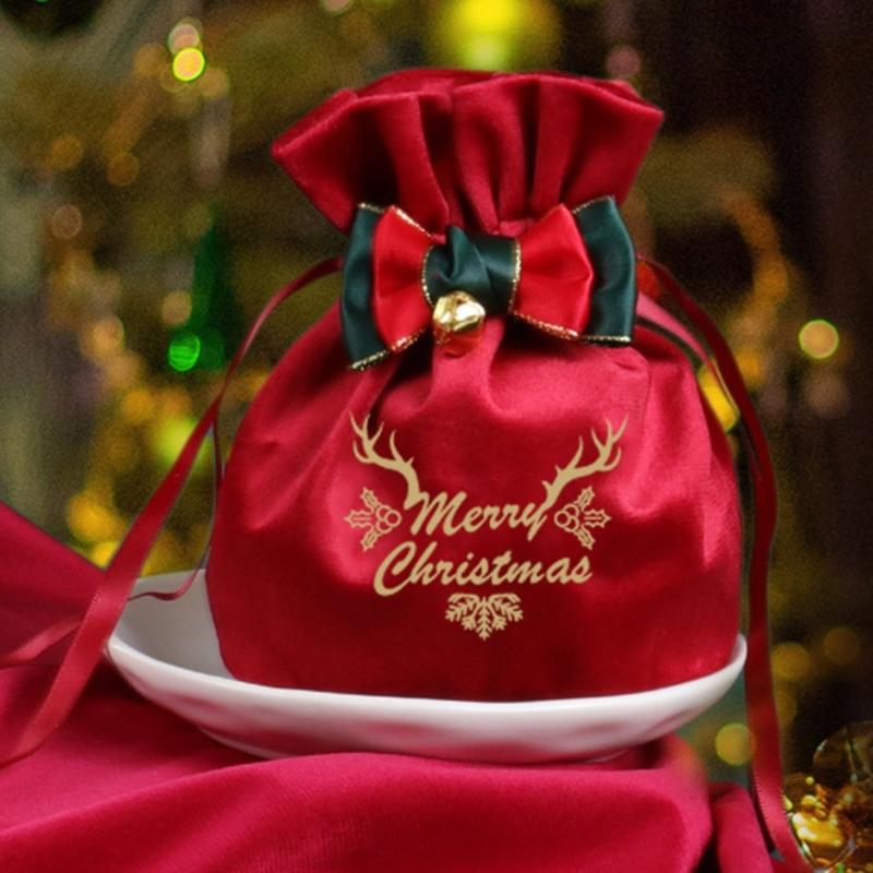 Reusable Holiday Velvets Treat Pouch Drawstring Gift Bag With Bowknot And Bell Christmas Party Decoration Accessories