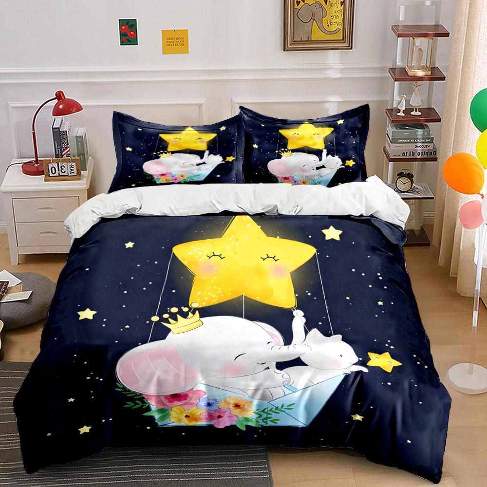 Elephant Starry Night Nursery Decor Soft Comfortable Duvet Cover Bedding Set Included 1*Duvet Cover & 2*Pillowcases, Gift