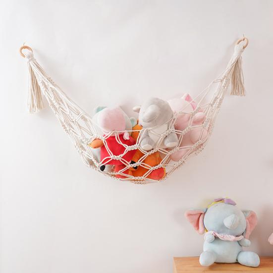 Woven Cotton Toy Net, Boho Wall Hanging Organizer, Handmade Storage Hammock for Stuffed Animals, Kids Room Nursery Decor