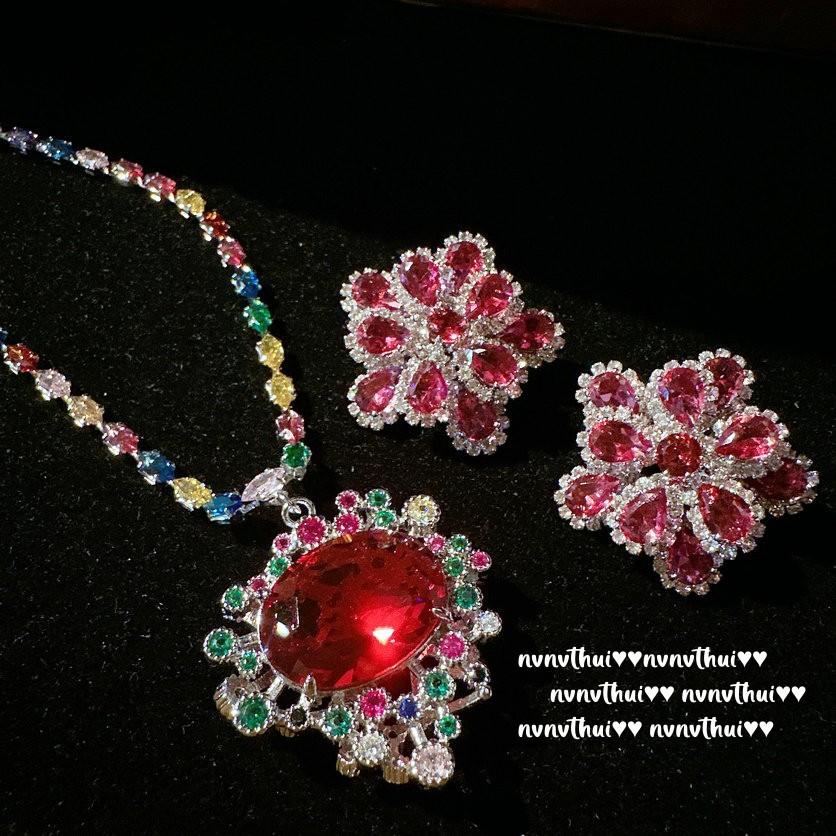 Swirl Pigeon Blood Ruby, Flower Necklace Vintage Plated 18K Gold Duobao Thistle Color Treasure Zircon Earrings