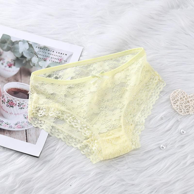 Girls' Sexy Lace Briefs Breathable Underwear with Butterfly Knot Carved Mid Air Waist Knickers Solid Color Women's Triangle Panties