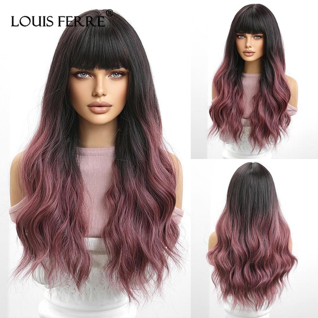 ALAN EATON Ombre Schwarz Braun Lange Wellen Haar Perücken mit Pony Für Schwarze Frauen Hitzebeständige Faser Synthetische Perücken Cosplay Party