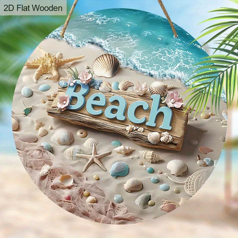 2D, Summer Beach Shells Starfish Wood Round Sign Summer Home Office Wall Decoration Seaside Party Decoration Rustic Farmhouse Bathroom Shelves