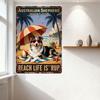 Vintage Australian Shepherd Beach Club Metal Sign, Blue-Merle Dog on Striped Towel with Beach Ball & Umbrella, Rustic Rusty Tin