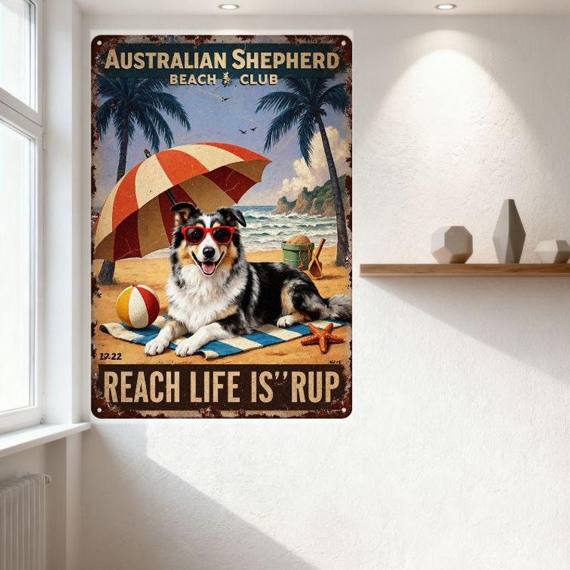 Vintage Australian Shepherd Beach Club Metal Sign, Blue-Merle Dog on Striped Towel with Beach Ball & Umbrella, Rustic Rusty Tin