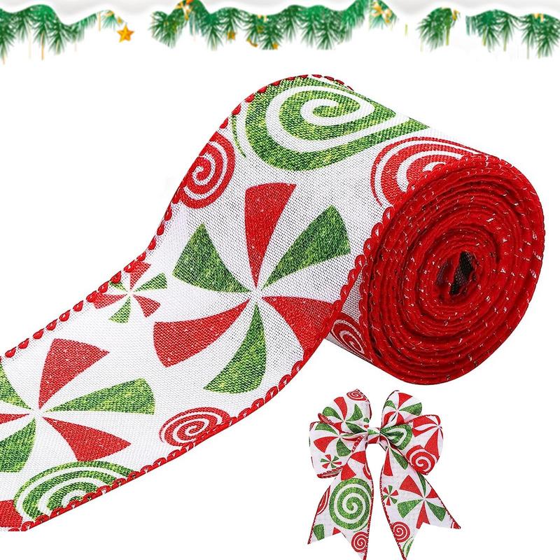 1pc 5 Yards Christmas Candy Peppermint Wired Edge Ribbon Wide Christmas Candy Ribbon For DIYCraft Xmas Tree Gift Party Decor