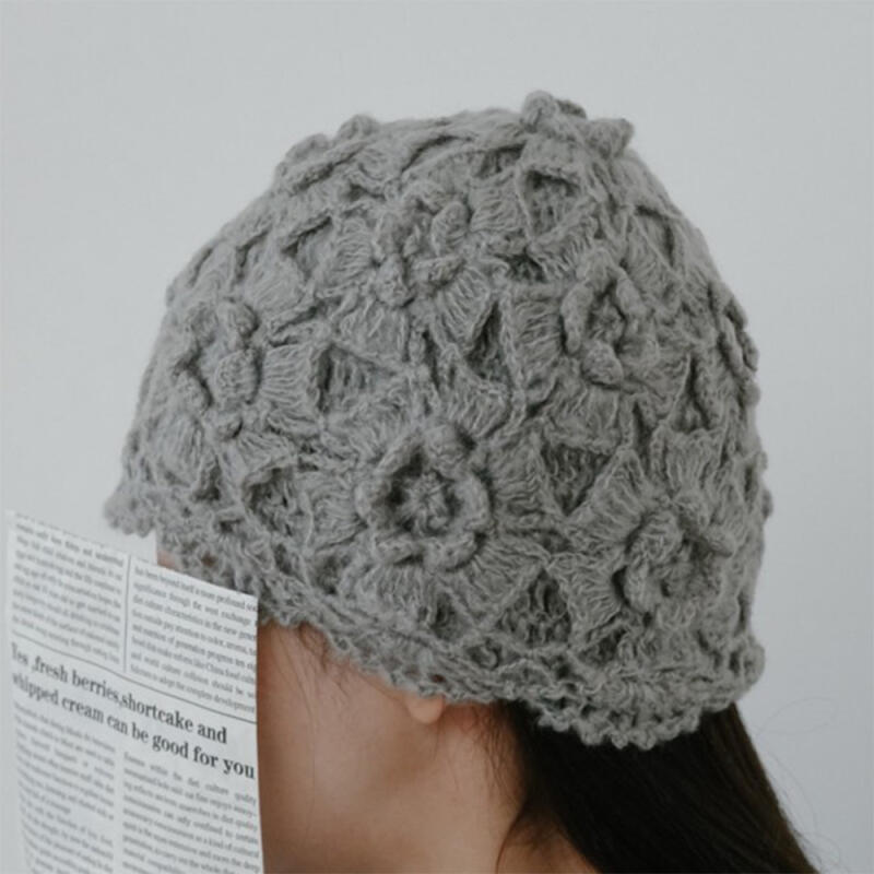 

Women s Floral Beanie Autumn Winter Knit Boucle Hat Blue