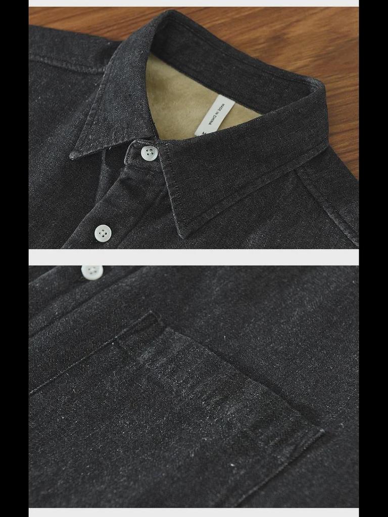 1355 Men's Plush Thick Warm Long-Sleeved Japanese Style Denim Coat Shirt