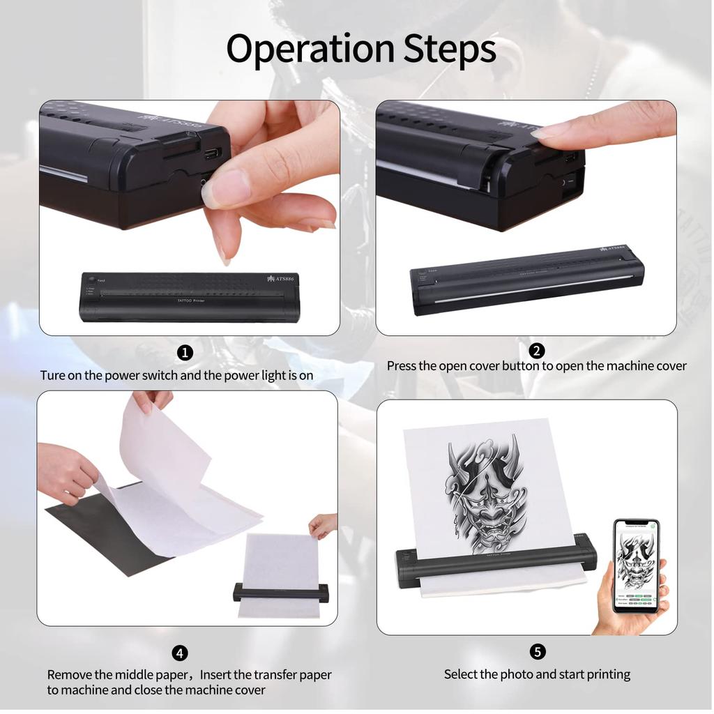 ATS886 Mini Wireless Tattoo Printer Machine Bluetooth Pattern Tattoo Transfer Printer Plastic Tattoo Stencil Thermal Copier