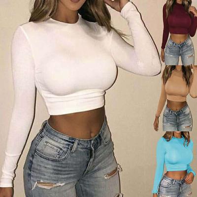 Women's Casual Round Neck Bottoming Long Sleeve Shirt Ladies High Elasticity Crop Tops