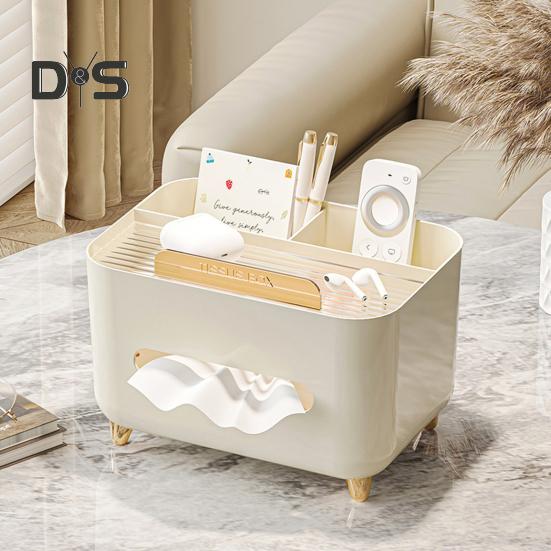 Multifunctional Tissue Box Cover Holder with Storage Compartments Large Capacity Rectangular Napkin Tissue Organizer