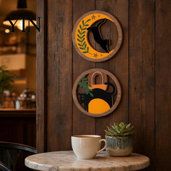Layered Wood Wall Hanging 4Pcs 3D Boho Cat Decoration, Round Wooden Hangings, Animal Star Sun Moon Art Botanical Decor, Plaque for Living Room Bedroom