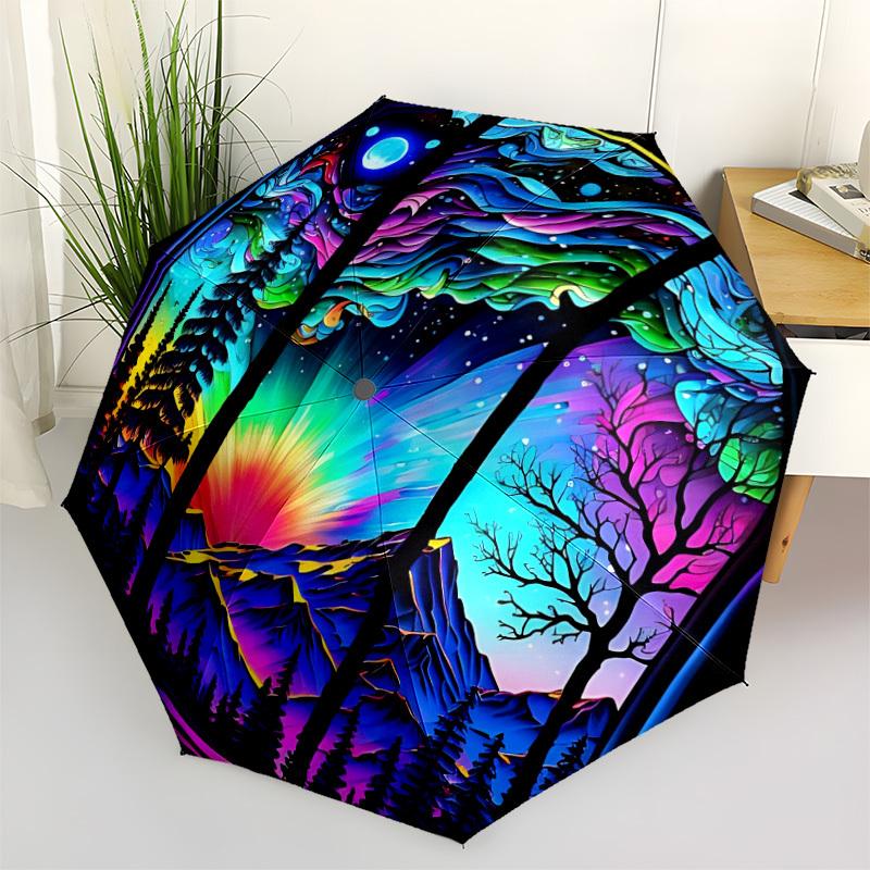 1pc StainedGlass Landscape Automatic Open/Close Umbrella with Folding Feature Compact Travel Umbrella, Lightweight Design, for Commuting129