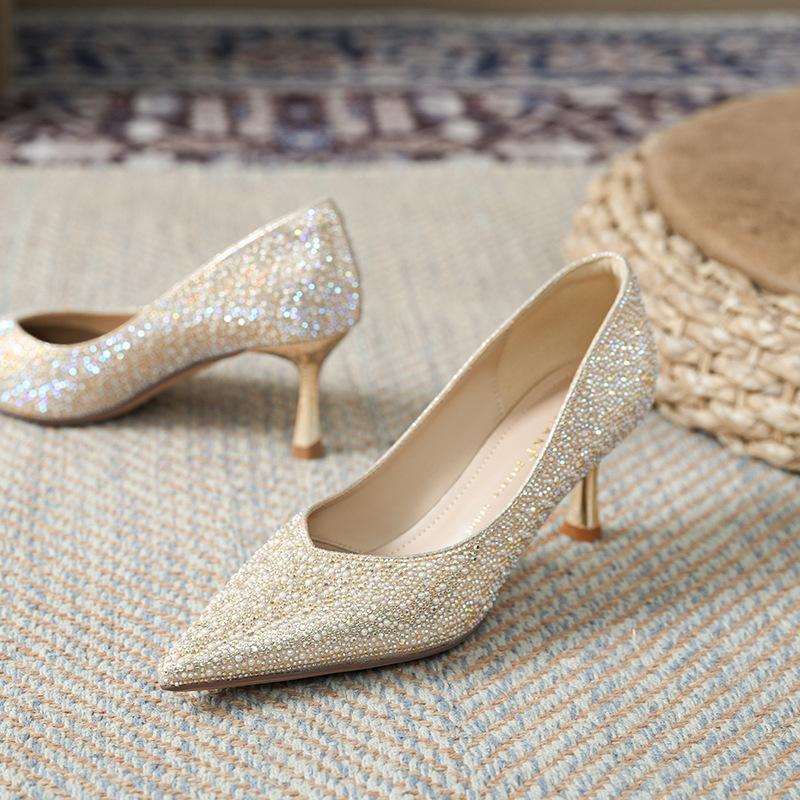 Luksusowe buty ślubne Xiuhe wysadzane diamentami, dla panny młodej, wysoki temperament, szpilki, szpiczaste noski, cienkie obcasy, pojedyncze buty nie są męczące.