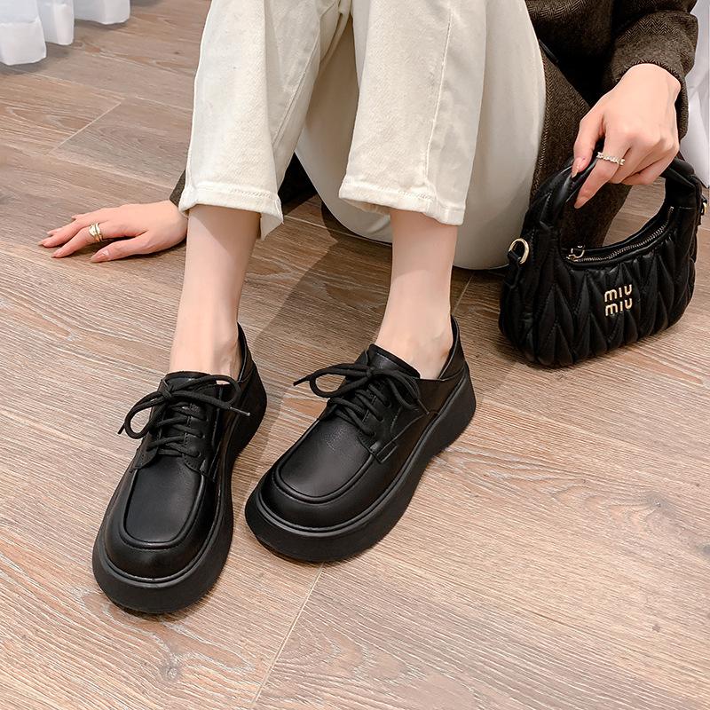 Black Platform Small Leather Shoes, Autumn 2025 New College Lace-up Muffin Style Loafers, Versatile Single Shoes