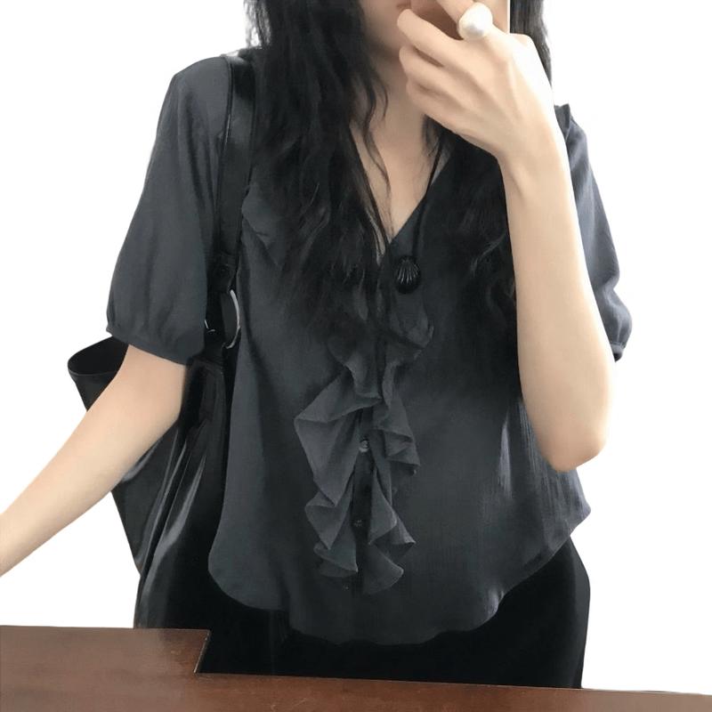 La Chapelle Women s Ruffle V-neck Short Sleeve T-shirt One Size белый