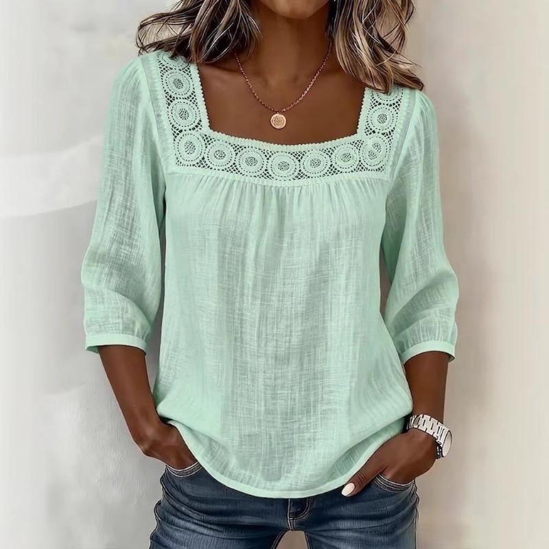Women s White Lace Trim Square Neck 3/4 Sleeve Blouse S зелёный