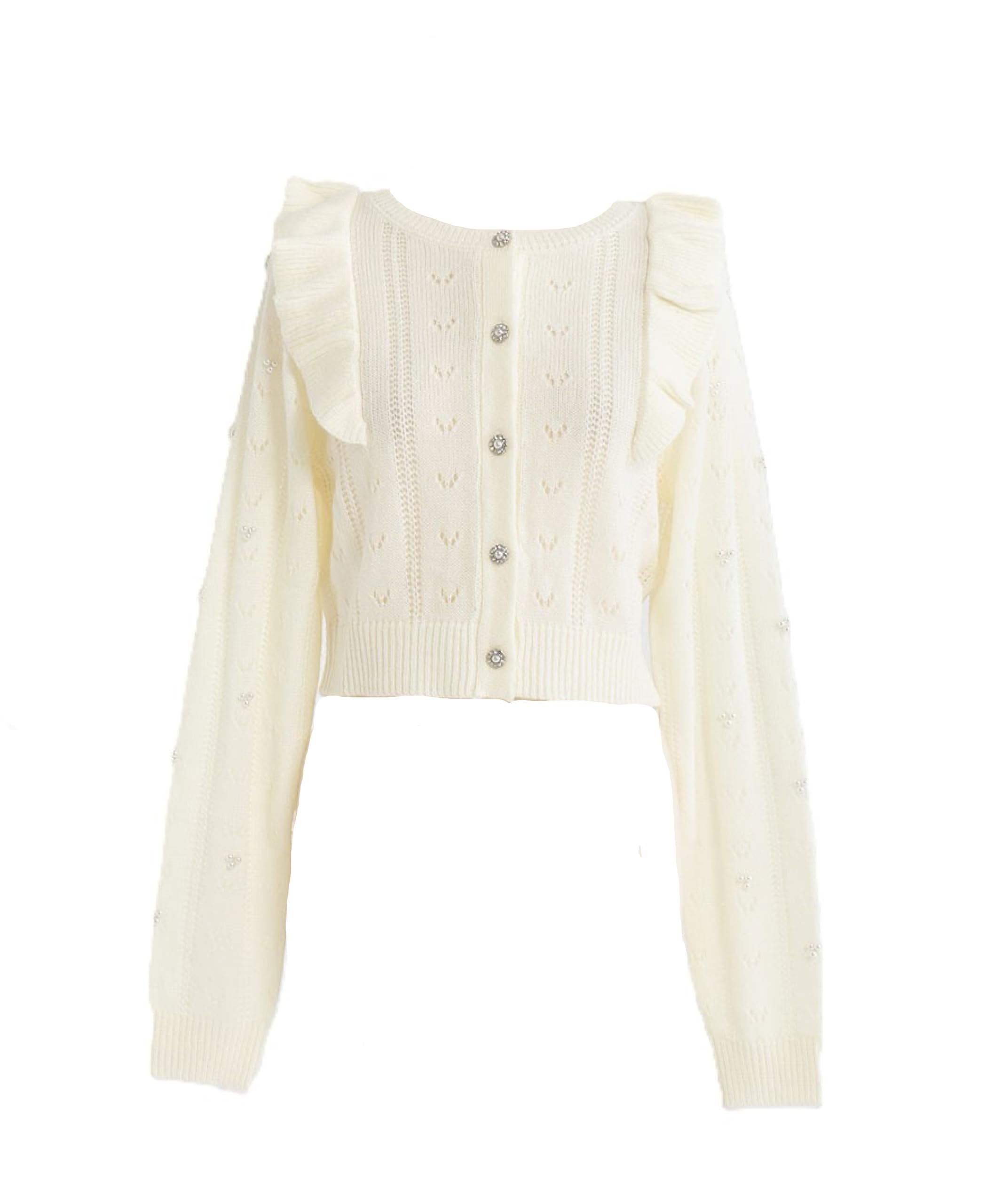 

[YUMETENBO] Cardigan with jewel buttons and frills, women s, white