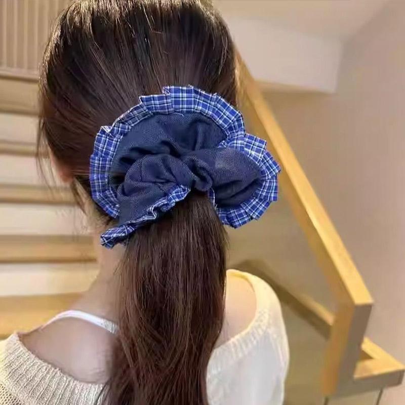 Haargummis mit großer Schleife im koreanischen Blue-Jeans-Stil für Damen, Haargummis mit unregelmäßigem Rand, Y2K-Haarbänder