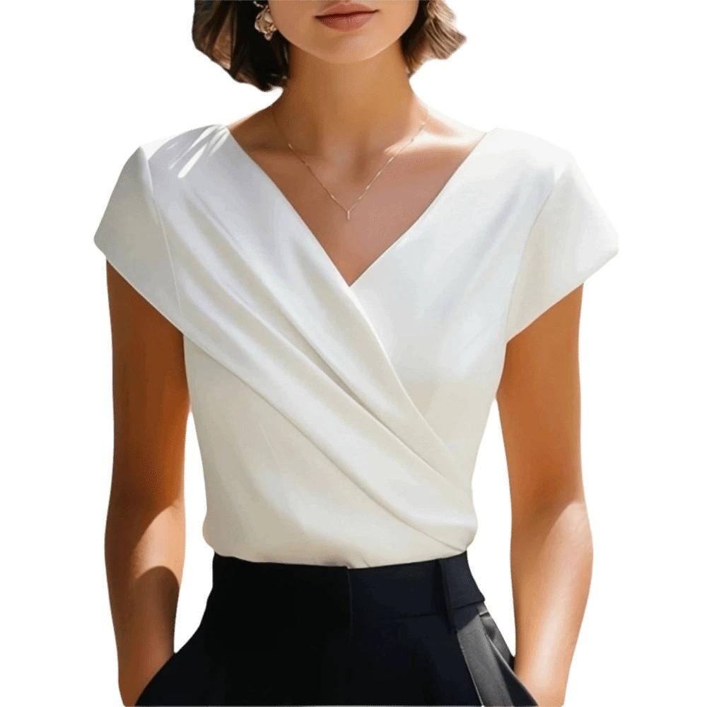 

Short Sleeve V-Neck Wrap Top Pleated Ladies Shirt Female Slim Fit Crop Tops Summer M белый
